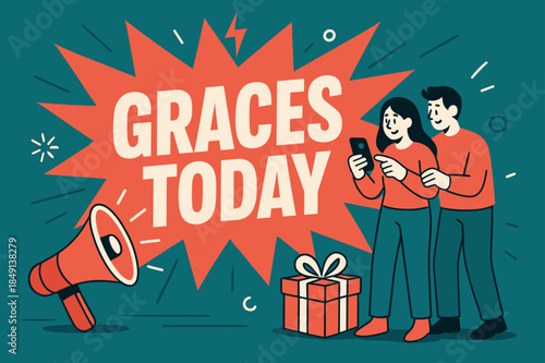 Dynamic Event Banner. Graces Today banner, flat vector illustration, bold oversized text inside splash explosion banner, cartoon characters standing and