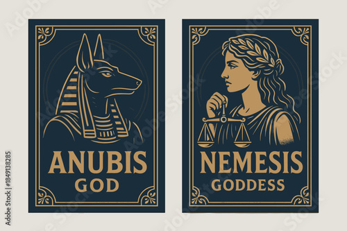 Mythological Banners Design. Greek Mythology. Two vertical A6 banners with safe margins, centered composition, no elements touching edges, bold, navy and gold,