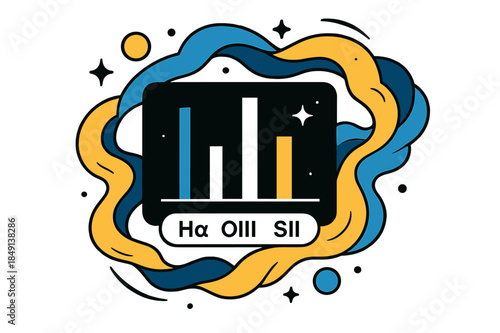 Nebula Spectrum Graph. Nebula Spectrum Lines. A minimal graph blooms with bright emission bars; label reads ?H?, OIII, SII.? Swirling clouds wrap the chart