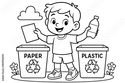 Kids Recycling Coloring. Recycling children?s coloring book illustration, outlined drawing, a kid recycling paper and plastic, educational design for kids,