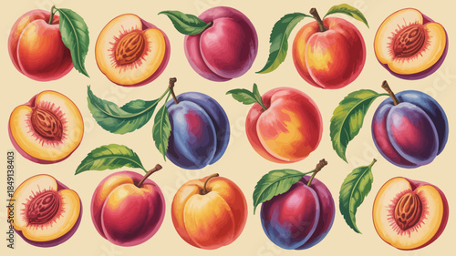 Vibrant Watercolor Illustration of Plums and Peaches with Slices