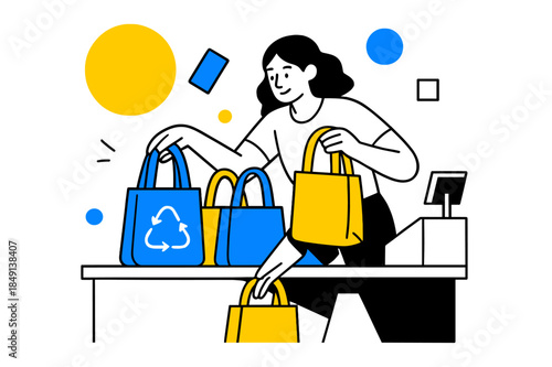 Eco-Friendly Shopping. Eco-Friendly Shopping Hauls. Shopper organizing reusable bags at checkout with floating abstract geometric shapes, eco-conscious and