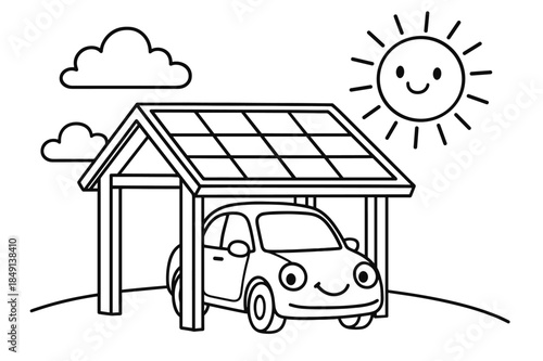 Solar Carport Coloring. Solar carport children?s coloring book illustration, outlined drawing, a cheerful car parked under a solar roof while the sun shines