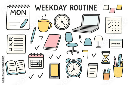 Colorful Daily Essentials. Weekday routine. Hand-drawn doodle illustration calendar page (colored), clock (colored), coffee cup (colored), laptop (colored),