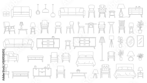 Comprehensive Vector Set of Architectural Furniture Symbols: Top View and Front View Outlines of Sofas, Chairs, Tables, Beds, and Cabinets for Floor Plans and Interior Design
