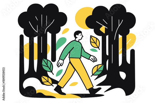 Abstract Forest Walk. Silent Forest. Person walking through quiet forest with floating abstract geometric leaves and soft light accents, serene and