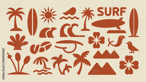 Vibrant Surf Beach Icons Set with Tropical Elements and Sun