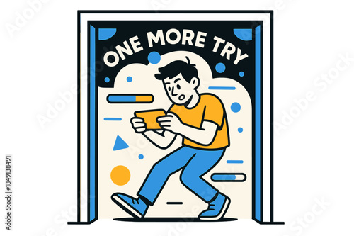 Elevator Gaming Moment. Playing a mobile game on the go ? Elevator wait. Doors frame the scene as progress bars float; the player tilts for one last move. ?ONE