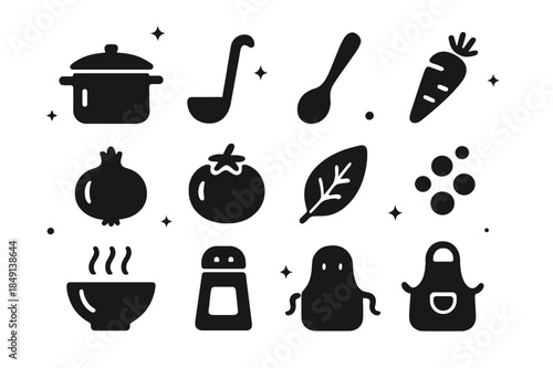 Cooking Icon Set. Soup and Stew Cooking. Solid icons set of Soup and Stew Cooking: pot, ladle, wooden spoon, carrot, onion, tomato, bay leaf, peppercorns,