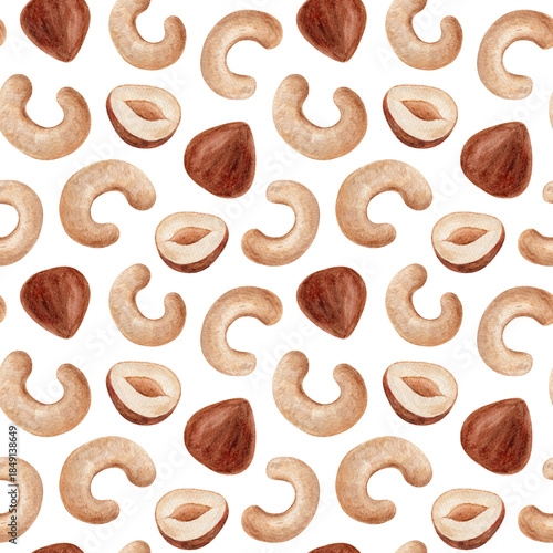 Seamless pattern with watercolor cashew and hazelnut elements, hand painted isolated on a white background. The illustration for textiles and packaging.