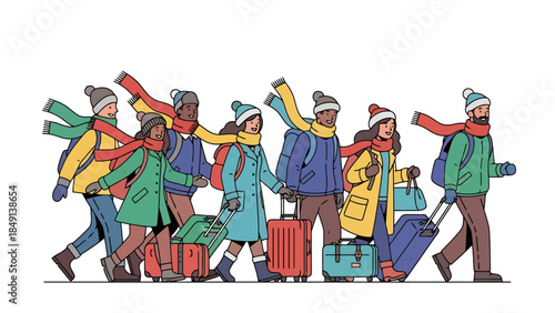 Diverse group of travelers walking with suitcases and backpacks in an urban setting