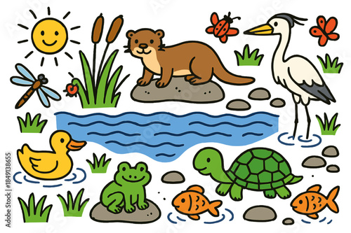 River Wildlife Doodle. River wildlife. Colorful Hand-drawn doodle Children illustration River wildlife otter, duck, frog, turtle, fish, heron, reeds, insects,