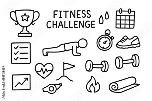 Fitness Challenge Symbols. Fitness challenge. Hand-drawn doodle illustration fitness challenge trophy, checklist, calendar, push-up icon, stopwatch, sweat