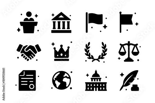 Political Iconography. Political Leadership. Solid icons set of Political Leadership: podium, government building, flag, gavel, handshake, crown, laurel