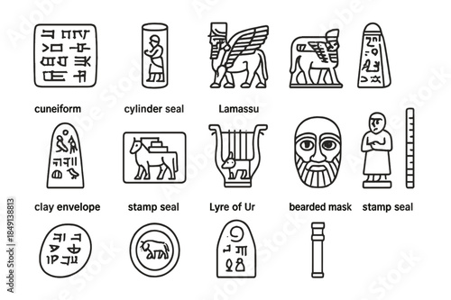 Mesopotamian Relics Icons. Mesopotamian relics. Line icon set of Mesopotamian relics: cuneiform tablet, cylinder seal, winged bull relief, lamassu figurine,