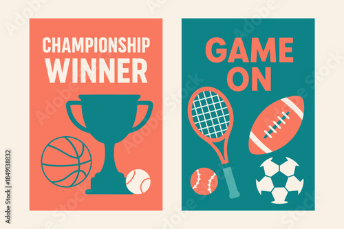 Sporty Banner Designs. BEST! Two vertical A6 banners with safe margins, centered composition, no elements touching edges, flat vector design, coral and teal,