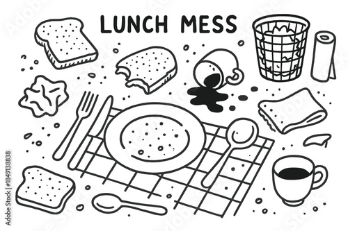 Chaotic Lunch Scene. Lunch Mess. Hand-drawn doodle illustration Lunch Mess crumpled napkin, plate, fork, knife, spilled coffee, crumbs, sandwich, bread, spoon,