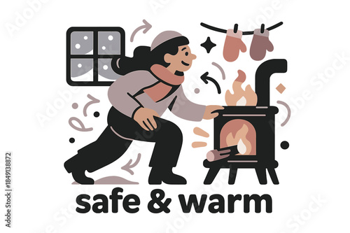 Cozy Winter Shelter. Keeper of the Hearth ? Winter Shelter. Snow taps the window while the stove glows; mittens dry on a simple line. Caption ?safe & warm?.