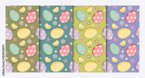 A seamless Easter pattern set with colorful eggs and cute chicks