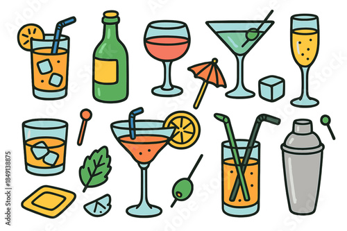 Colorful Bar Icons. bar drinks. Colorful Hand-drawn doodle Children illustration bar drinks cocktail glass, wine glass, martini, whiskey glass, champagne