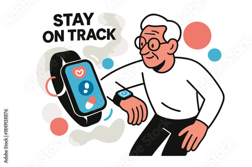 Smartwatch Health Monitor. Old age ? Smartwatch health check. Wrist tilt reveals tidy icons ? heart rate, steps, meds reminder; gentle rings glow. Tag ?STAY ON