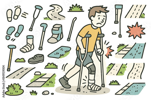 Injured Walker Illustration. Limping step. Hand-drawn doodle illustration person walking (colored), uneven stride (colored), crutch (colored), cane (colored),