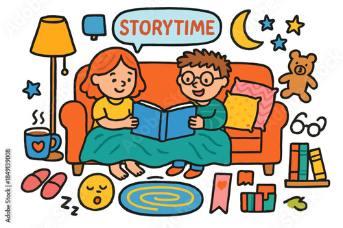 Cozy Storytime Icons. Storytime on the sofa. Colorful Hand-drawn doodle Children illustration Storytime on the sofa open book, blanket, pillows, lamp, glasses,