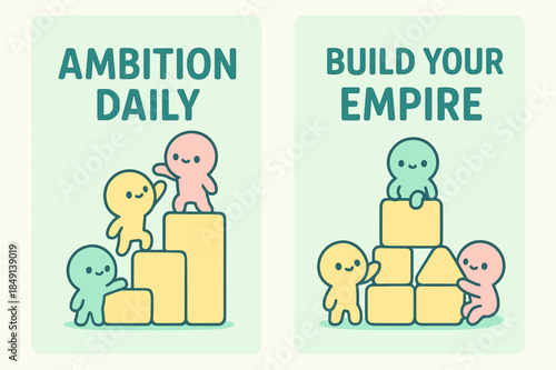 Kawaii Ambition Banners. Ambition daily. Two vertical A6 banners with safe margins, centered composition, no elements touching edges, kawaii, pastel mint and