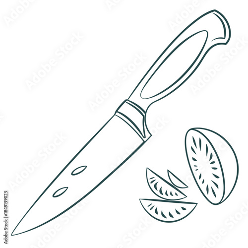 Knife slicing citrus fruit