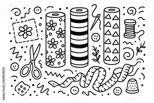 Patterned Textile Icons. Patterned textiles. Hand-drawn doodle illustration patterned textiles fabric rolls, needle, thread spool, patch, scissors, zigzag