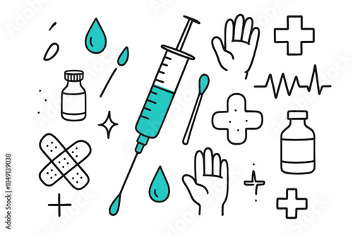 Medical Tool Doodles. // Medical syringe. Hand-drawn doodle illustration Medical syringe [syringe (accented), needle tip (accented), droplet (accented), vial,