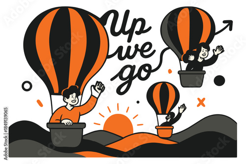 Vibrant Balloon Ascension. Hot air balloons. Figures wave from baskets as shapes drift past a low sun; ?Up we go? loops in the sky. Hills below stack in soft,