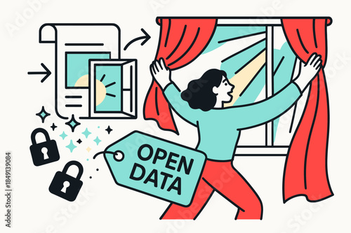 Open Data Unveiled. Transparency & openness. A document unfolds into a window; locks dissolve into tiny stars as a tag reads ?Open data?. Hands lift curtains