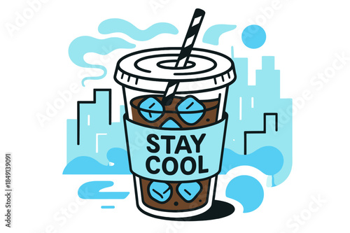 Modern Iced Coffee Art. Iced Coffee To-Go. A straw swirls through cube-studded coffee; sleeve reads ?Stay Cool.? Vapor-waves recede as the city shimmers in