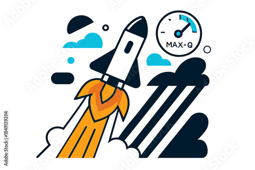 Rocket Ascent. Rocket-Powered Ascent. Flames stylize into bold chevrons as the craft spears skyward; ?Max-Q? pings on a floating gauge. Contrail stripes ladder