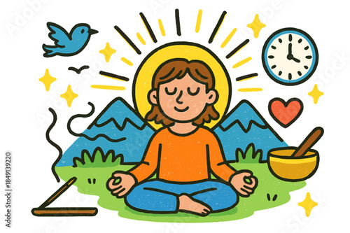Morning Meditation Bliss. Morning meditation. Colorful Hand-drawn doodle Children illustration Morning meditation sitting person, sun rays, closed eyes, calm