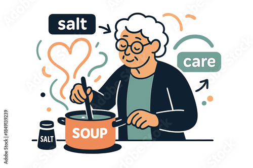 Heartfelt Cooking Scene. Elderly ? Cooking for One. A senior stirs a pot on an orderly counter; labels ?salt?, ?soup?, ?care? hover neatly. Steam curls into