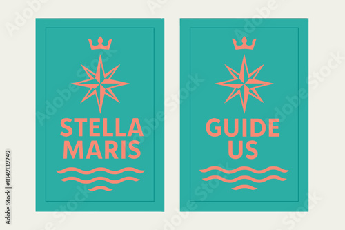 Stella Maris Guide. Star of the Sea. Two vertical A6 banners with safe margins, centered composition, no elements touching edges, modern, turquoise and coral,