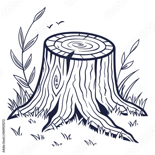 Stump in grass with birds