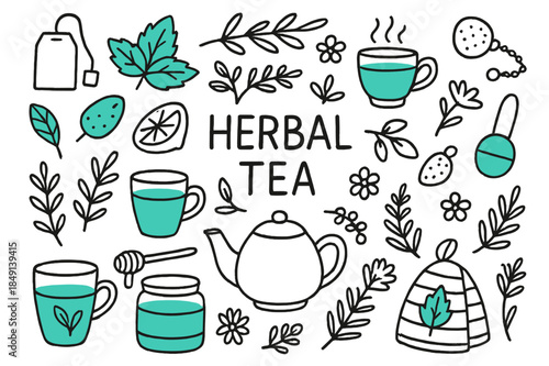 Herbal Tea Doodle. Herbal tea. Hand-drawn doodle illustration Herbal tea, tea leaves, tea cups, tea infusers, herbs, flowers, colored tea leaves, accented tea