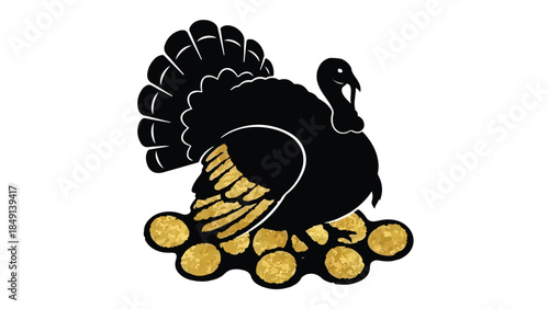 Black turkey bird sitting on pile of gold coins, symbolizing wealth and prosperity, illustration for business and finance concepts