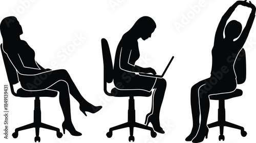 Office chair posture icon set, black silhouette illustration of work, relaxation, and ergonomic movement concept graphic