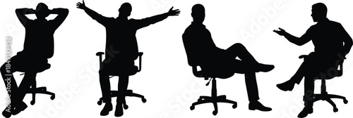 Office chair body language icon set, black silhouette illustration of seated posture, gesture, and workplace communication concept graphic