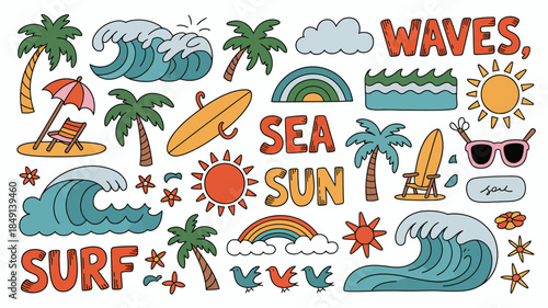 Vibrant Beach and Surf Illustration with Waves, Sun, and Palm Trees