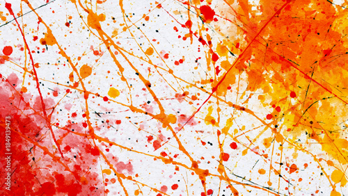 Abstract Red & Yellow Paint Splatter Background. Vibrant Expressionist Acrylic Drips, Fiery Orange Ink Droplets & Watercolor Texture. Jackson Pollock Style Canvas for Modern Digital Design.