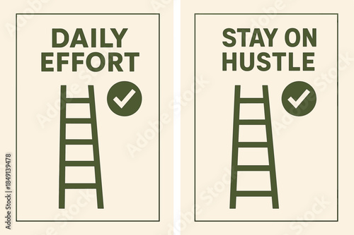 Motivational Banner Duo. Daily effort. Two vertical A6 banners with safe margins, centered composition, no elements touching edges, geometric, olive green and