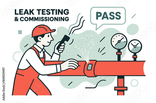 Leak Test Success. Leak Testing & Commissioning. A tech waves a handheld meter; dotted puffs reveal a tiny leak that gets sealed with a tidy patch. Floating