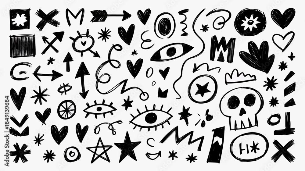 Fototapeta premium Black and White Doodle Icons Set with Skulls, Hearts, and Arrows