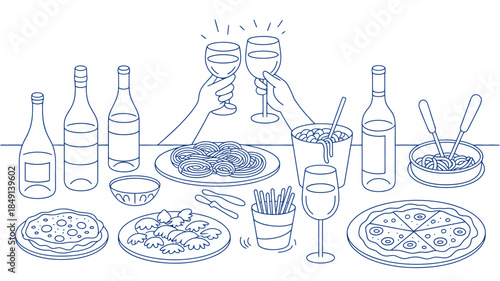 Celebratory Dinner with Wine, Pizza, and Appetizers in Line Art Style