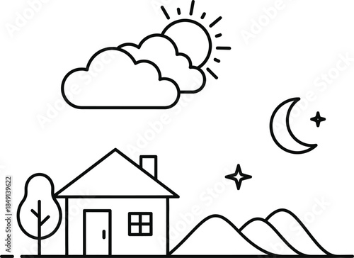 Solid black outlines of neat house tree cloud sun moon star landscape elements set